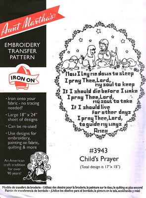 3943 Aunt Martha Embroidery Hot Iron Transfer Pattern Child's Prayer Cat Lamb FF