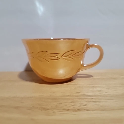 Vintage Fire King Oven Ware Coffee Tea Cup Peach Lustre w Band of Leaves