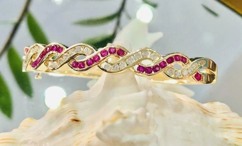 Brazalete Brazalete Chapado en Oro Amarillo 14k 4Ct Redondo Rubí Simulado Regalo Navidad Foto 4 de 4