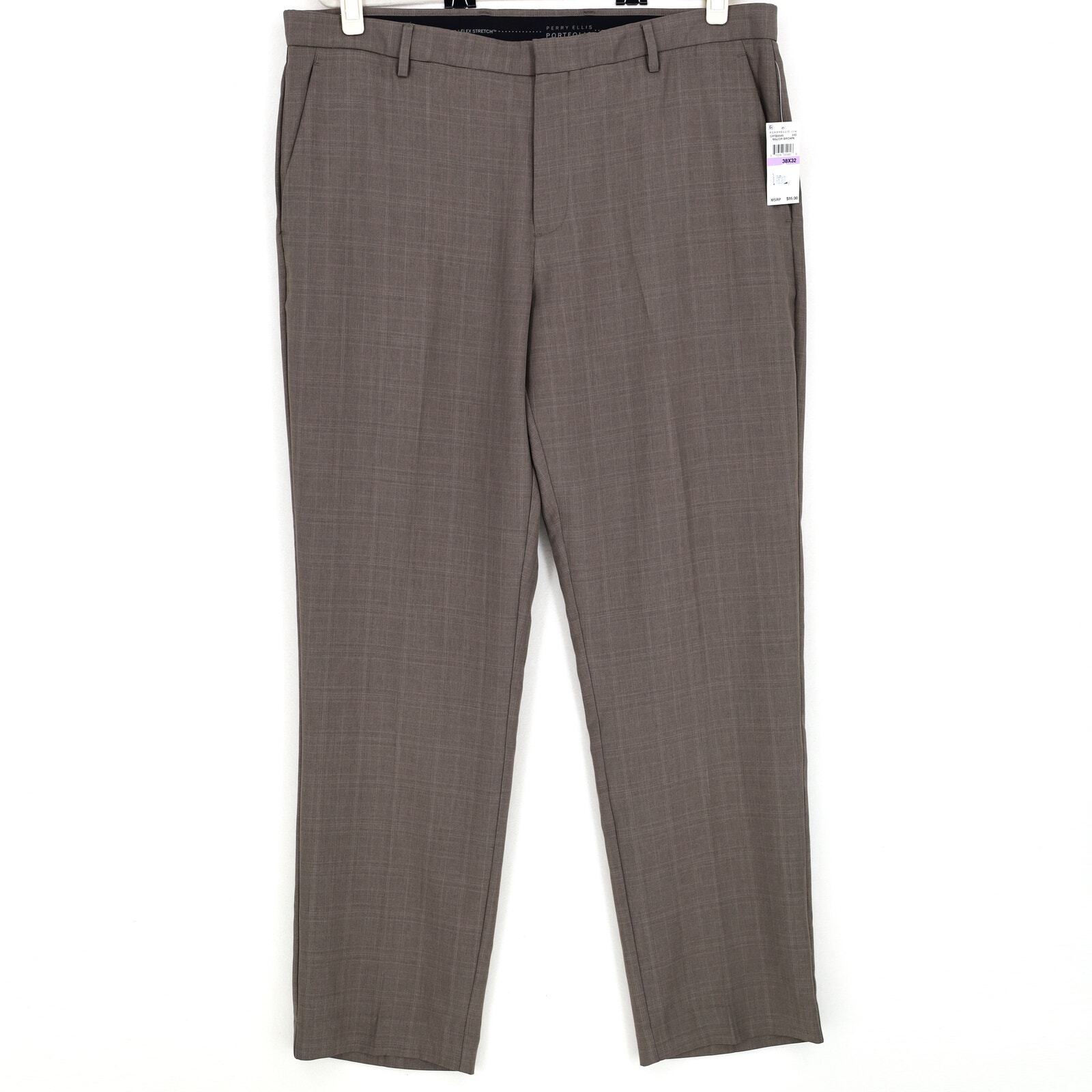 Perry Ellis Men's Brown Stretch Modern-Fit Classic Dress Pants Size 38x32