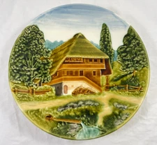 German 3D Relief Plate Wall Hanging Chalet Trees 9.25" Vintage Majolica House