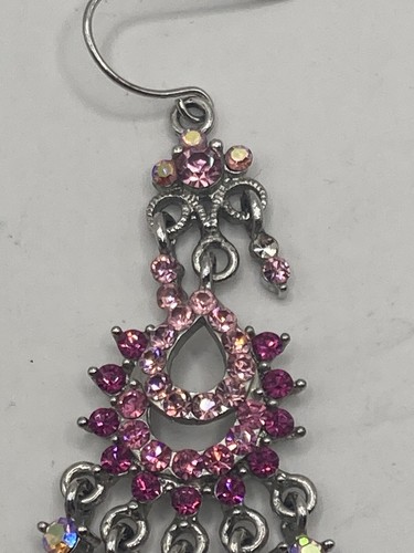 Silver Tone Pink And Aurora Borealis Rhinestones Dangle Drop Earrings - Picture 3 of 5