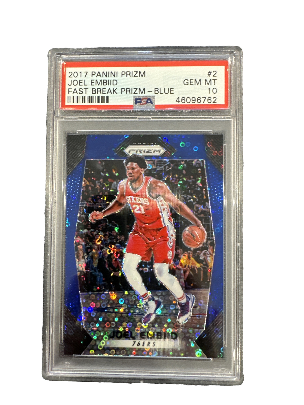 2017-18 Panini Prizm #2 Joel Embiid /175 Blue Fast Break Prizm-Blue PSA 10