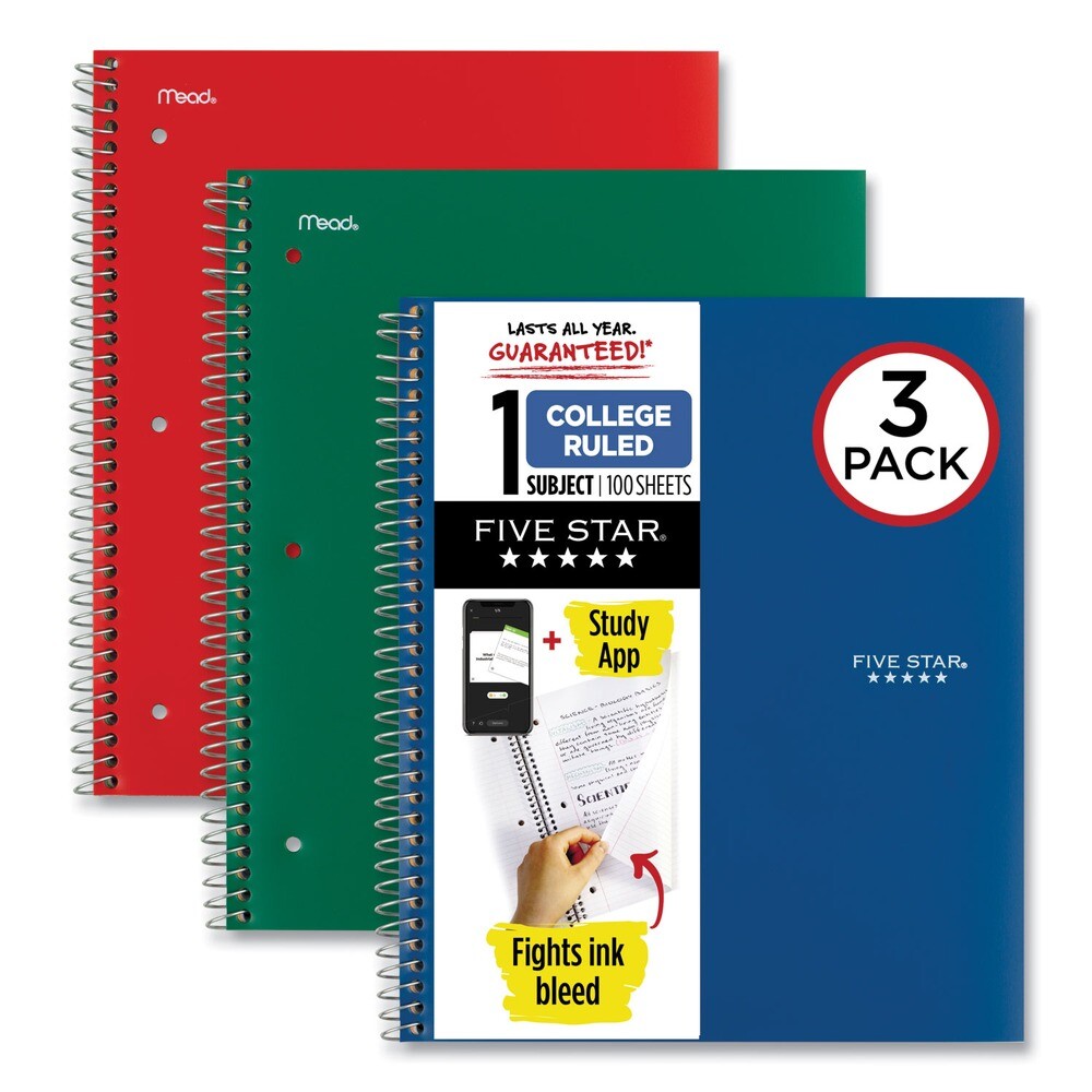 Five Star 3-Pack Wirebound Notebook with Pockets 100 Sheets FR FG PB