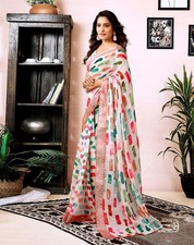 Women's Cotton Linen Printed Ready To Wear With Pocket Saree with Blouse Piece