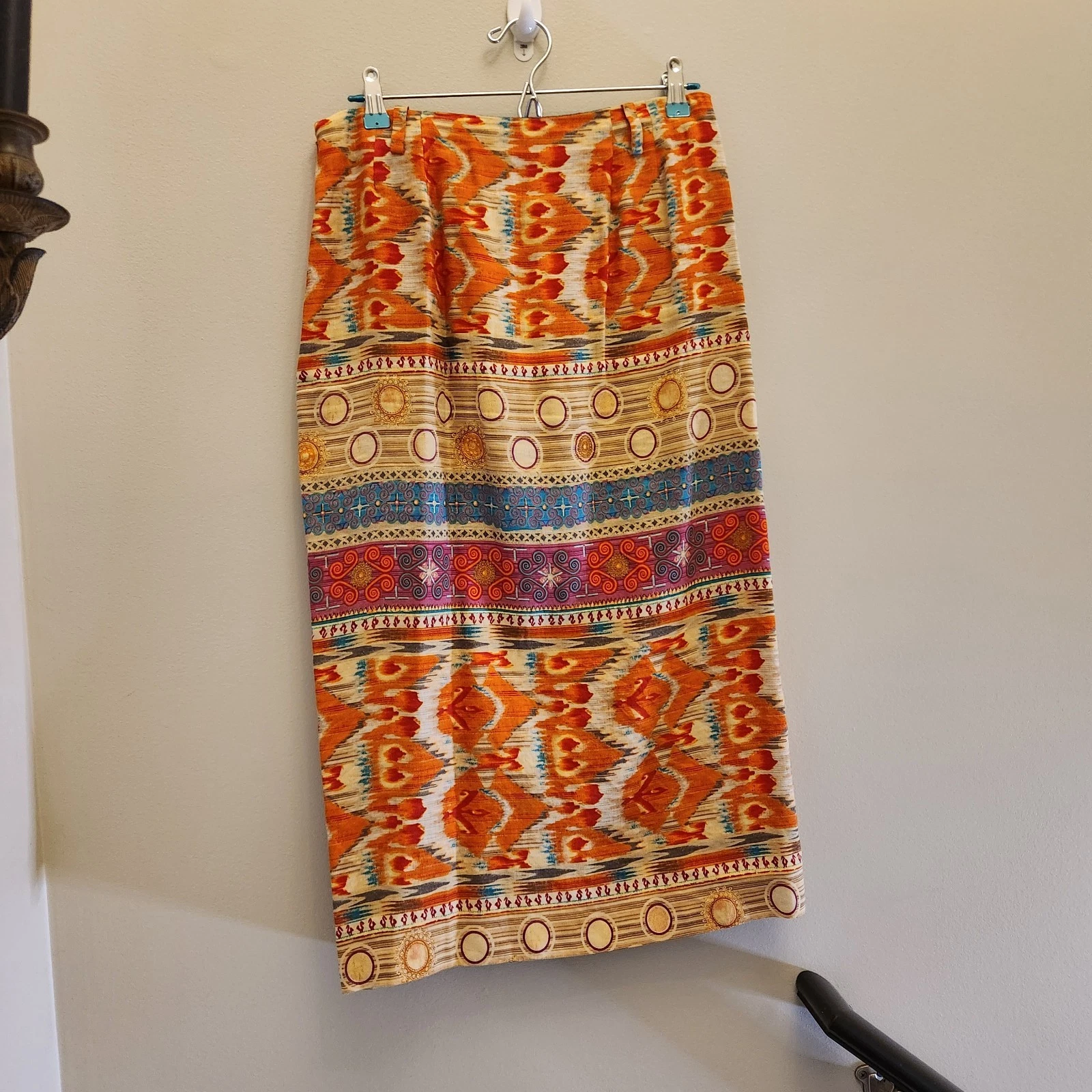 Vtg 90s Y2k Evan-Picone Orange Ikat Linen Blend Midi Skirt Beach Tribal Tropical