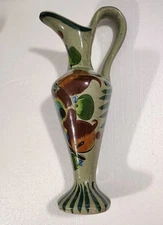 Tonala Mexico Pottery Tall Pitcher Vase Painted Flowers with Handle