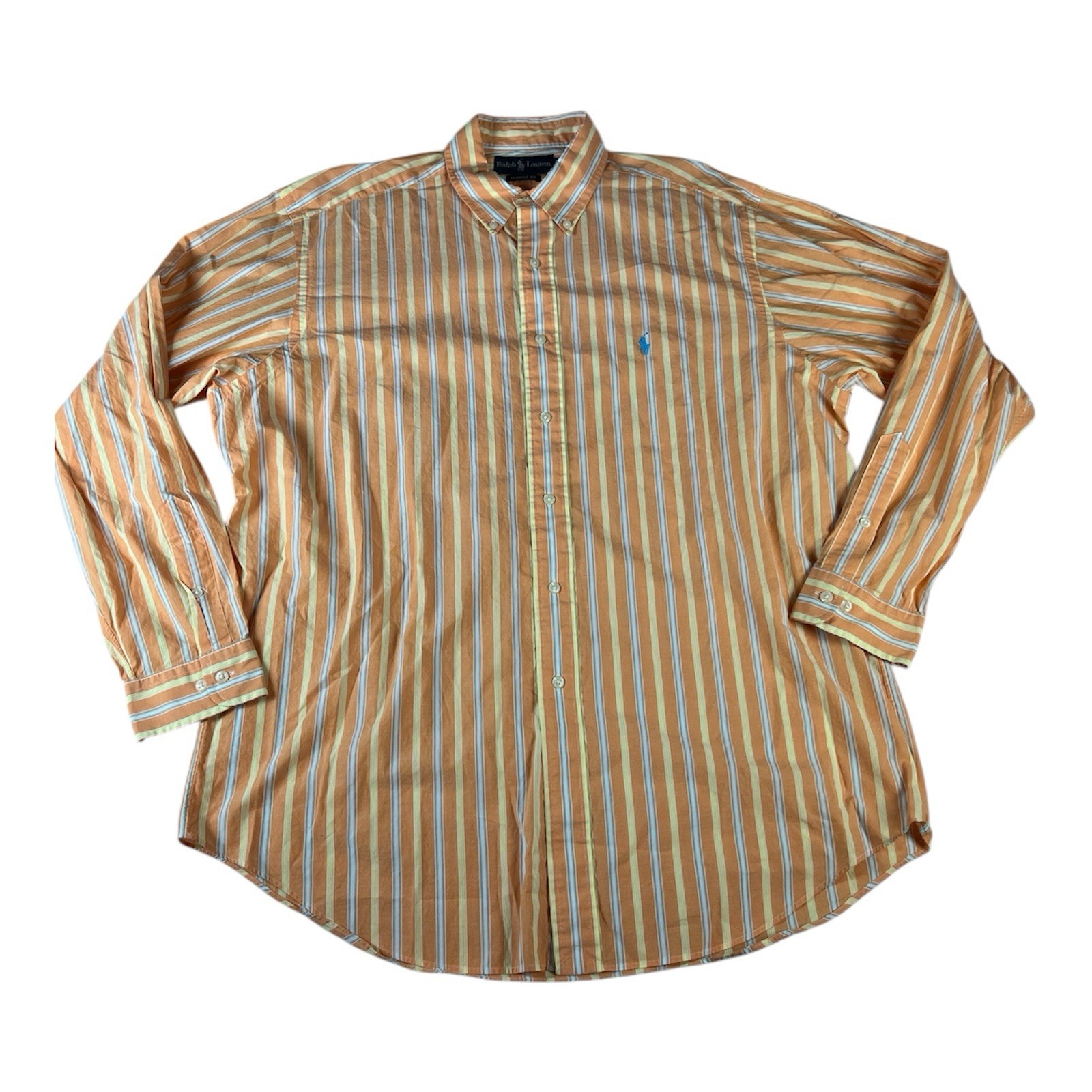 Polo Ralph Lauren Mens Orange Striped Long Sleeve Shirt Size 16.5 34/35 Blue Pony