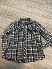 Y2K Rock Revival Shirt Mens Lrg Blue Gray Flannel Plaid Button Up Grunge Casual