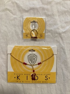 Vintage 1990s NOS Wizard of Oz Ruby Red Slippers Necklace and Ring Set for Kids