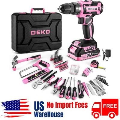 Pink Drill Tool Kit Set: 20V Cordless Power Drill Tool Box with Battery