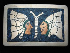 QI05155 VINTAGE 1970s TWO WARRIORS SOUTHWESTERN DESIGN ART BELT BUCKLE