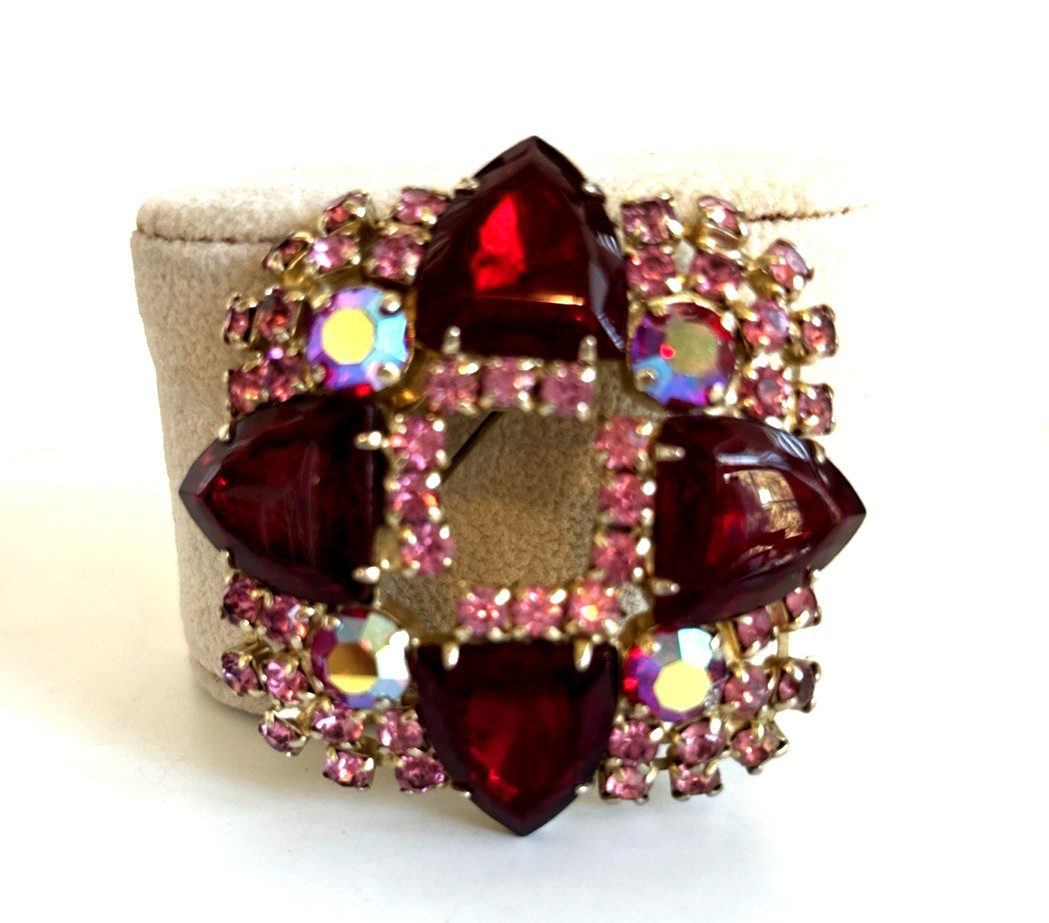 Ruby red shield shape rhinestone and pink prong s… - image 3