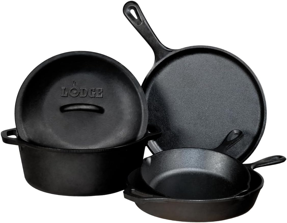 Lodge Cookware Set Black Cast Iron Round Pre-Seasoned Easy-Grip Handles 5-Piece