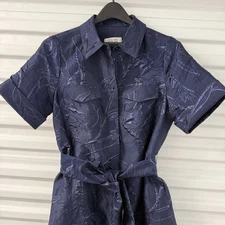 RICKIE FREEMAN FOR TERI JON Belted Navy Jacquard Shirtdress Gown - 10