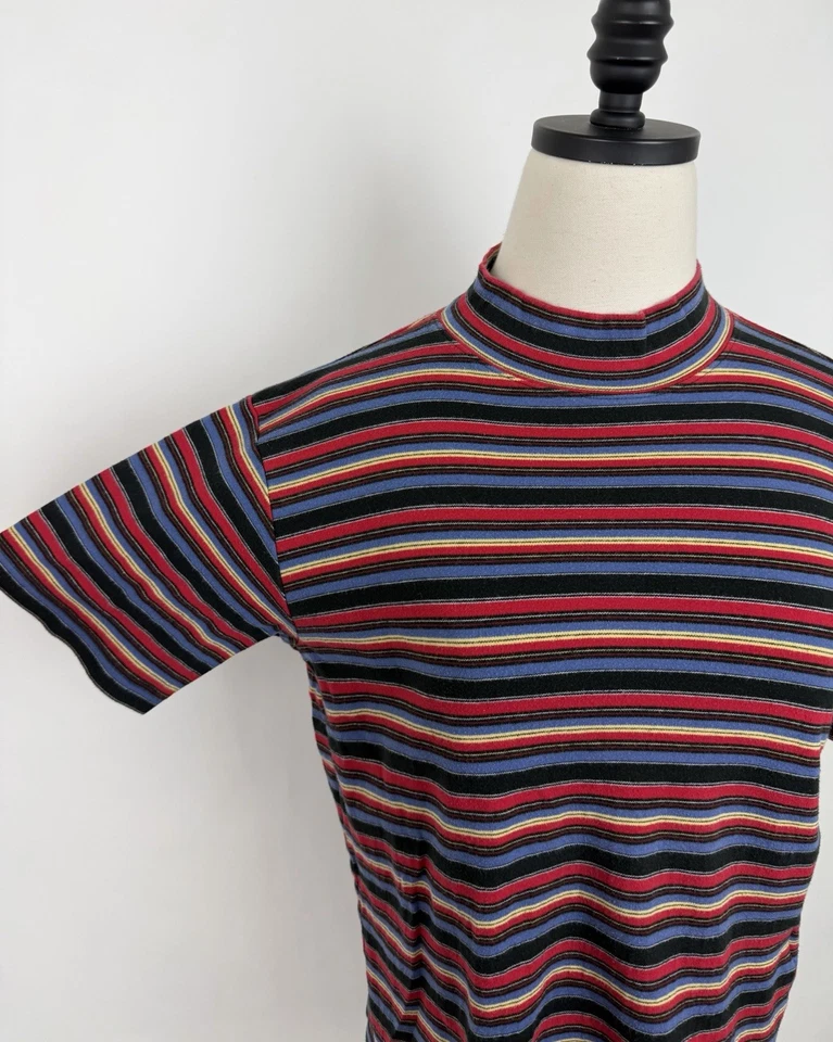 Camiseta Top Cuello Simulado De Colección Para Mujer Mediana Años 90 Rayas Camiseta Tejida Colorida Grunge Foto 4 de 4