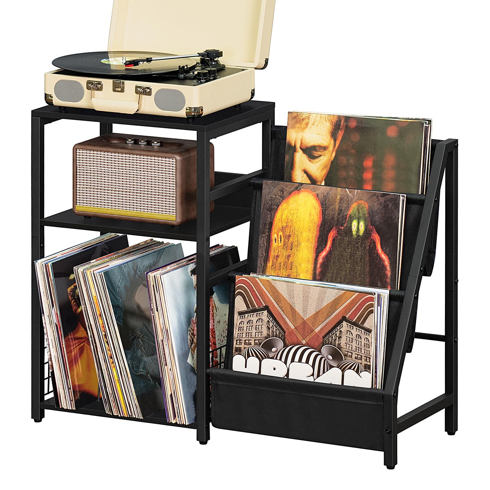 Black 3-Tier End Table with Vinyl Storage & Record Player Stand