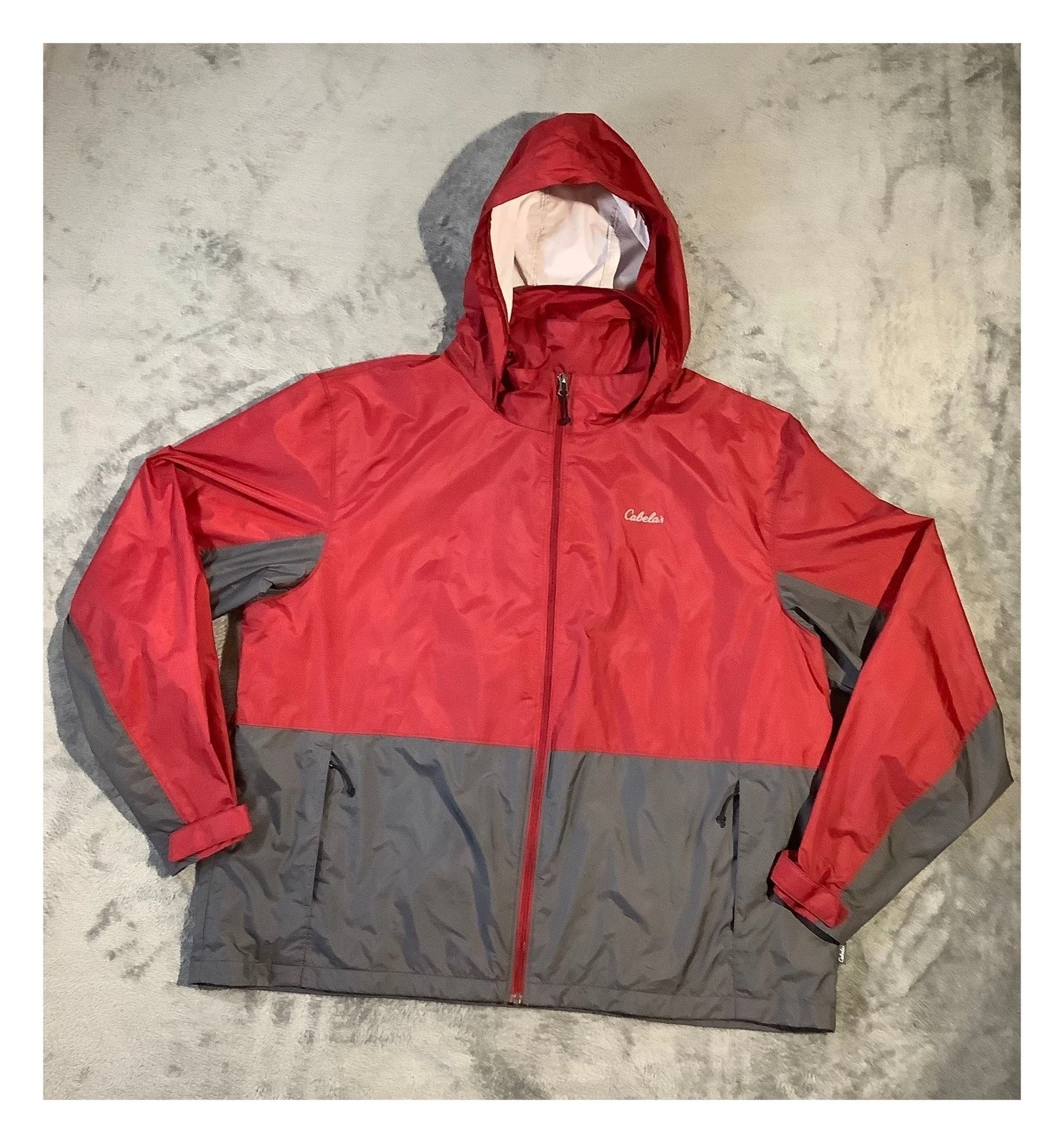 Cabela's Men's 2XL Hooded Rain Jacket Red Gray Windbreaker