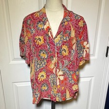 Vintage Liz Claiborne Silk Red Floral Tropical Short-Sleeve Button Shirt Size 10