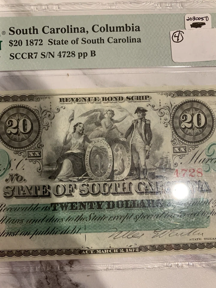 1872 $20 State of South Carolina Columbia, SC  Obsolete Note - PMG 66 EPQ - Image 3 of 3