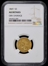 1869 $3 Gold Indian Princess Three Dollar NGC AU Details (Almost Uncirculated)