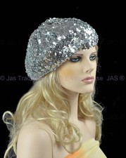 Ladies Silver French 70s Costume Party Dance Disco SEQUINED SEQUINS Hat BERET