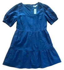LOFT Eyelet Shift Dress Sz 6 Navy Blue NWT Cotton Embroidered Bell Short Sleeve