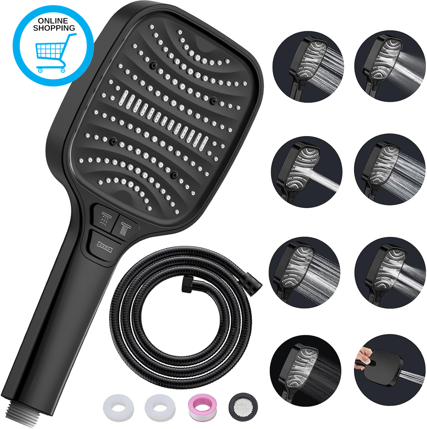Shower Head High Pressure Shower Heads – with 8 Spray Modes and 1.5M Hose, Black