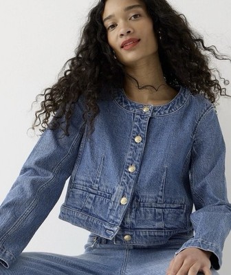 J.Crew Denim Louisa Lady Jacket Collarless Nautical Preppy Casual Size 6