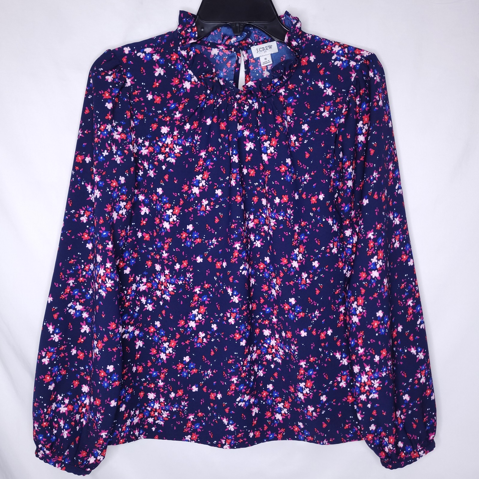 J Crew Top Womens Small Navy Floral Ruffle Neck Long Sleeve
