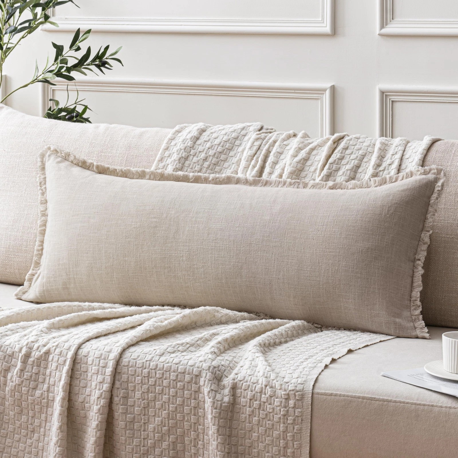 Set of 1 Decorative Throw Pillow Covers 14×36 Inch Soft Linen Fringe Long Far...