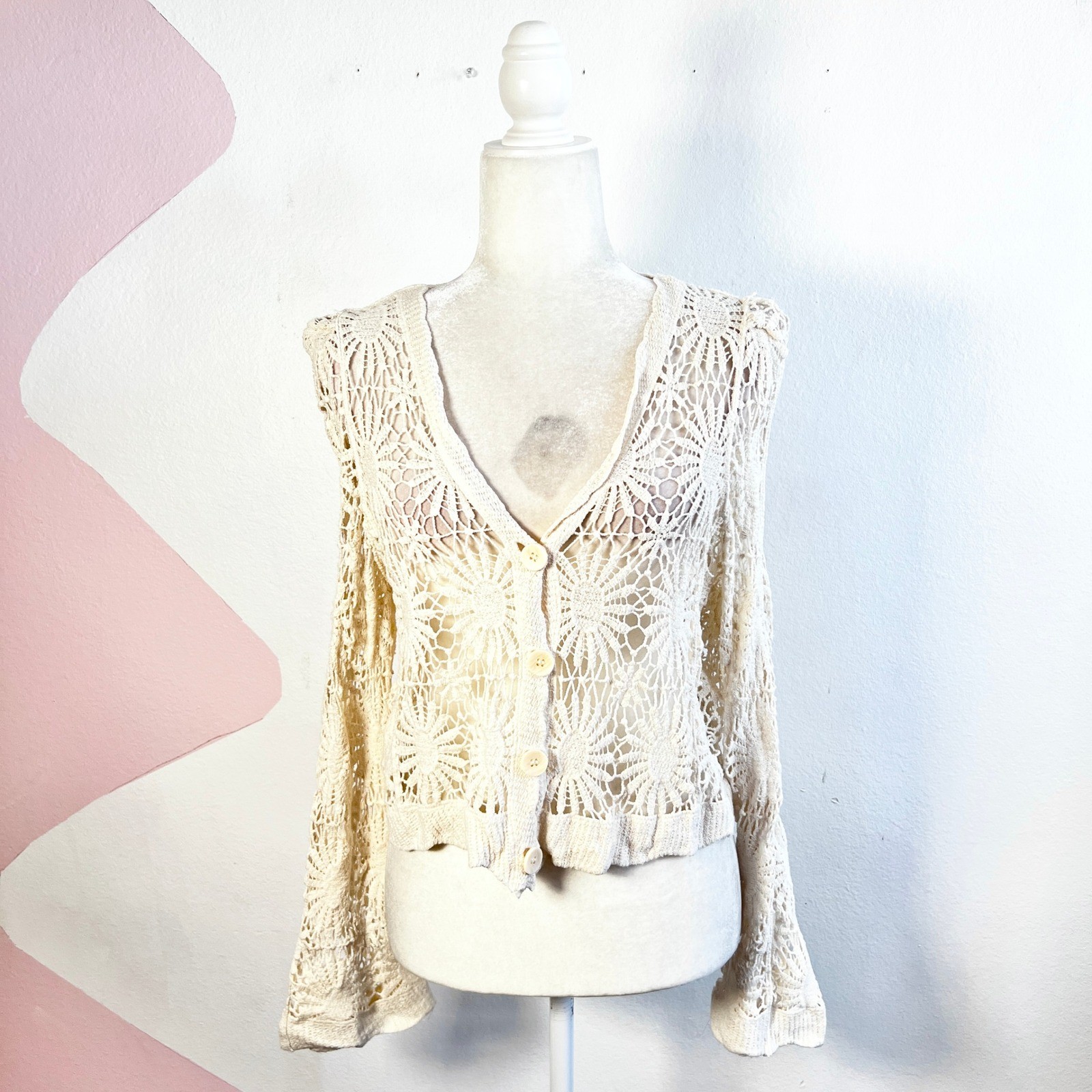 Cream Crochet Lace Button Front Cardigan Sz M/L Bell Sleeve Festival Coachella