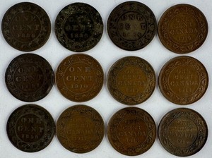 12-Coin Lot Canadian Large Cent Bronze 1c Canada Twelve Coin Assorted 1859-1919