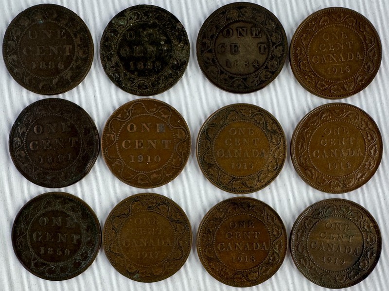 12-Coin Lot Canadian Large Cent Bronze 1c Canada Twelve Coin Assorted 1859-1919