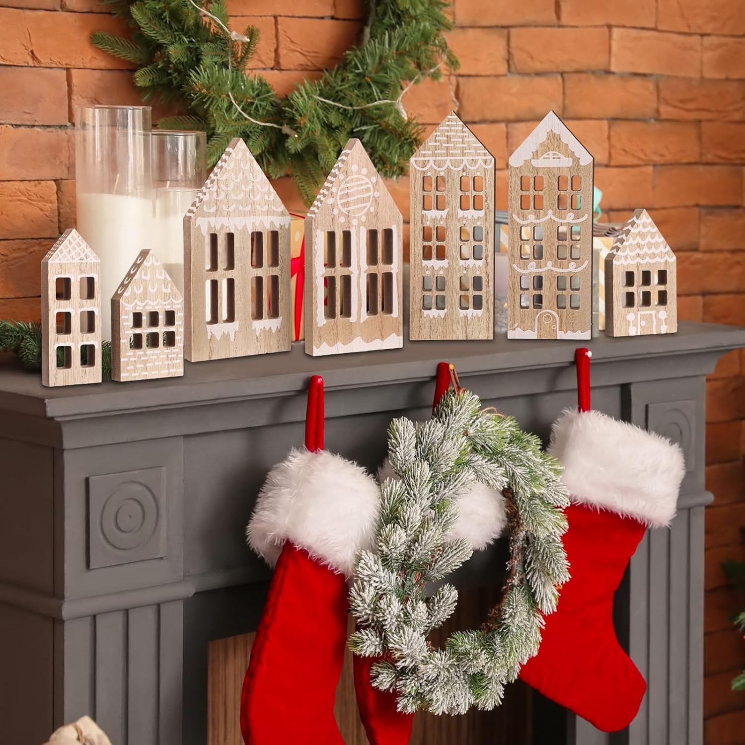 7 Pcs Wooden Christmas Houses Sets Gingerbread House Decor Xmas Village Set Wint