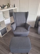 Ikea Ohrensessel Grau mit Holzfüßen und Hocker Sehr Guter Zustand TOP