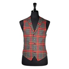 Mens Waistcoat Suit Lapel Vest 40R Gray Red Tartan Plaid Wool Formal Wedding