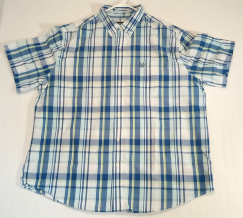 Chaps Easy Care Mens Button Down Short Sleeve Plaid Shirt Yellow Blue Size 2XL