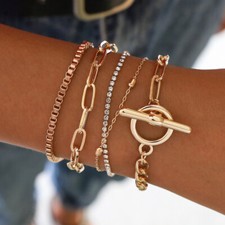 5 PCS Set Multilayer Cuff Charm Chain Bangle Bracelet Fashion Jewelry Crystal