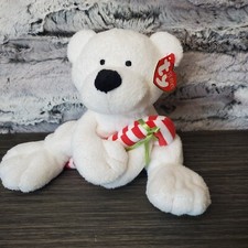 Ty Pluffies Candy Cane White Bear Plush Stuffed Animal Holding Candy Cane TyLux