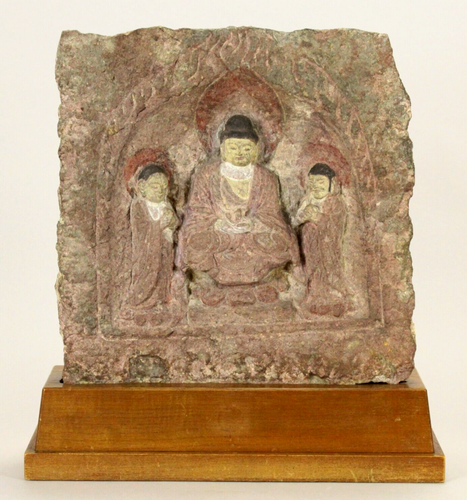 = Ancient Chinese Carved & Painted Stone Buddhist Stele, Buddha & Bodhisattvas