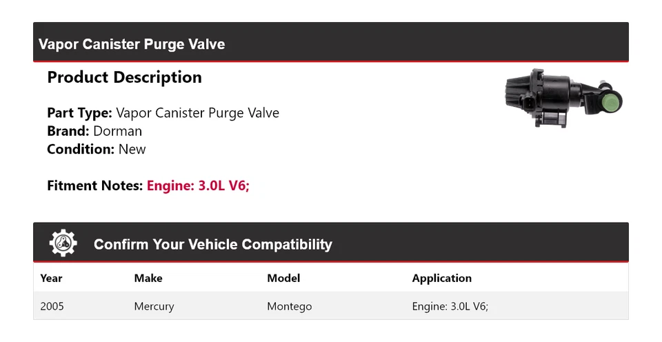 Válvula de purga para 2005 Mercury Montego 3.0L V6 Dorman vapor vasilha - Imagem 2 de 4