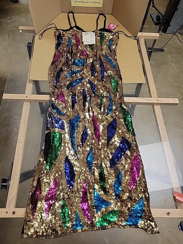 Vintage 80s Sequin Dress Gold Colorful Slit Party Time Cocktail Prom Silk Large - Picture 14 of 17