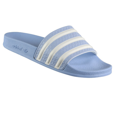 blue and white adidas slides