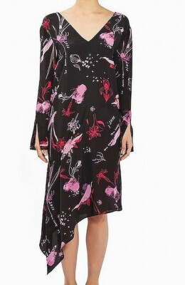 topshop silk dress TOPSHOP 100% Silk Midi Dress Asymmetrical Hem Floral Black Pink Sz 2 NEW