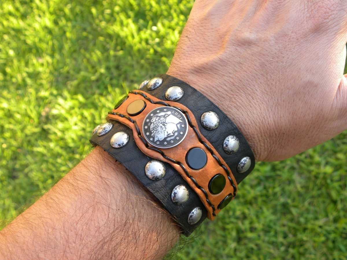 Bison leather cuff wide bracelet 1883 Liberty V coin onyx  display picture 1