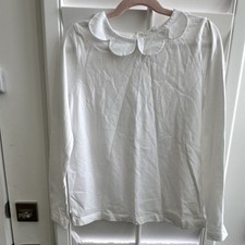 Mini Boden Girls 9-10Y White Solid Long Sleeve Petal Collared Button Blouse
