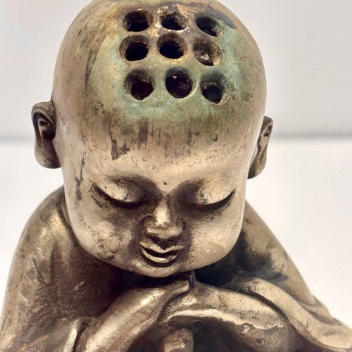 RARE VTG Tibet Statue Young Buddhist Monk Silver Plated Sculpture Dà Míng Dé Zhì - Picture 2 of 8
