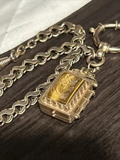 Deco AM. Double Pocket Watch Ornate Gold Plate Chain 9ct GF Tiger Eye Locket Fob