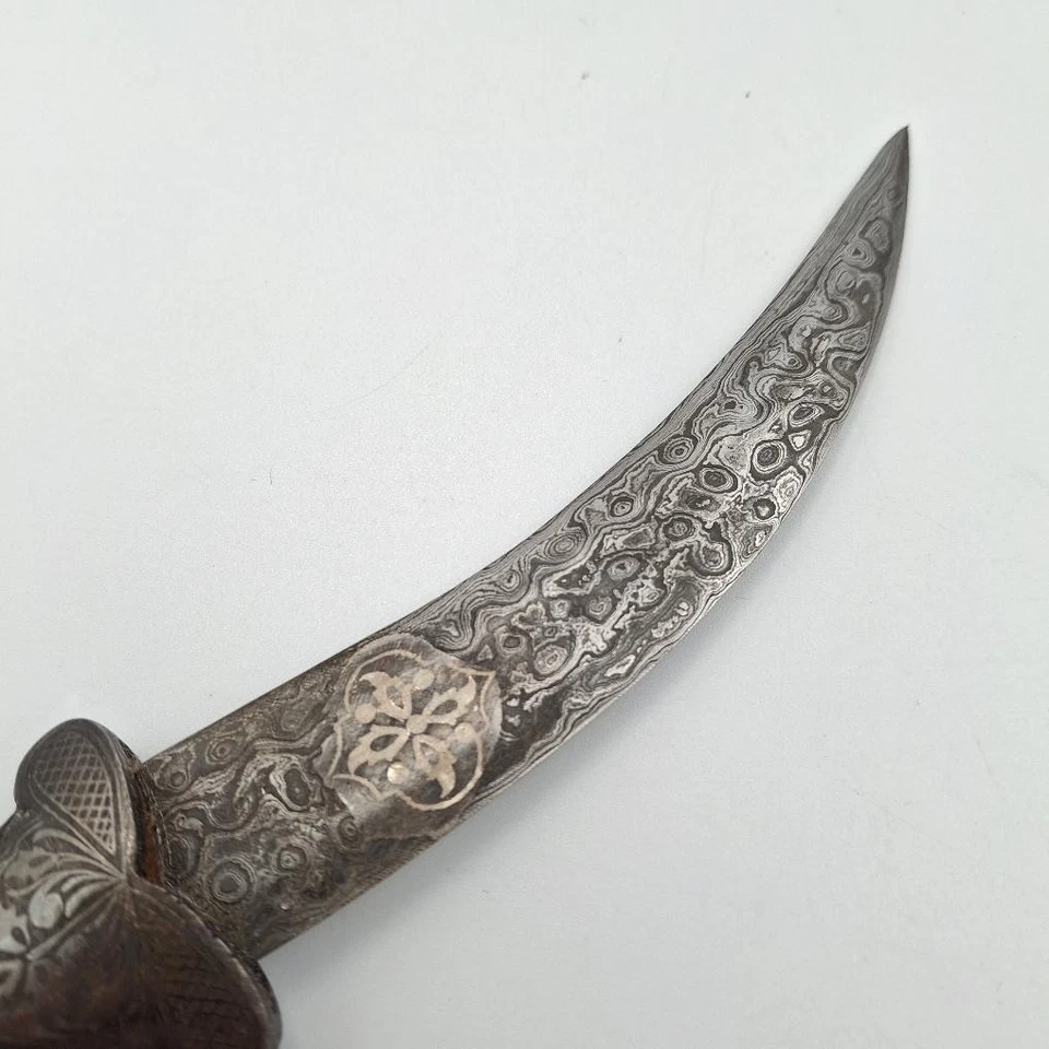Vintage Indo Persian Khanjar Camel Head Silver Koftgari Damascus Dagger Knife - Image 2 of 4